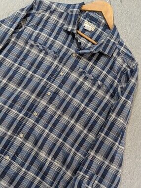 L L. Bean Nylon Tencel Plaid Shirt Men's L Reg Blue White Lightweight